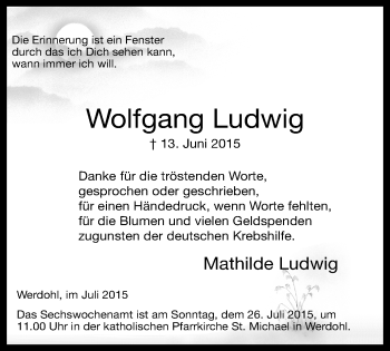 Traueranzeige von Wolfgang Ludwig von Stadtspiegel Bochum