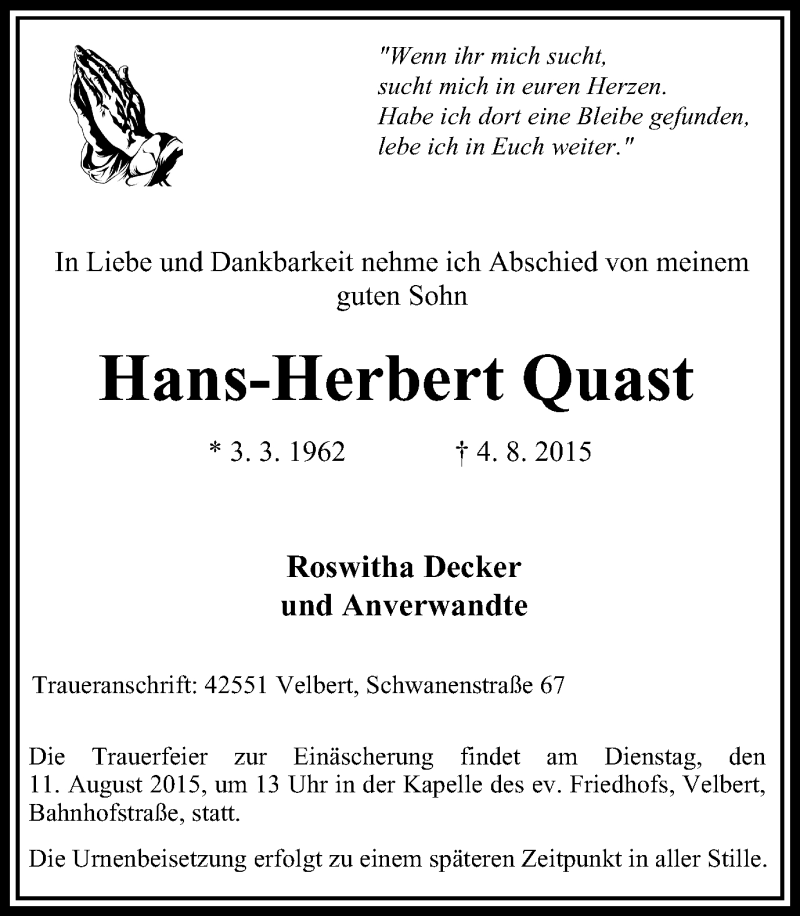  Traueranzeige für Hans-Herbert Quast vom 08.08.2015 aus Stadtanzeiger Velbert + Heiligenhaus