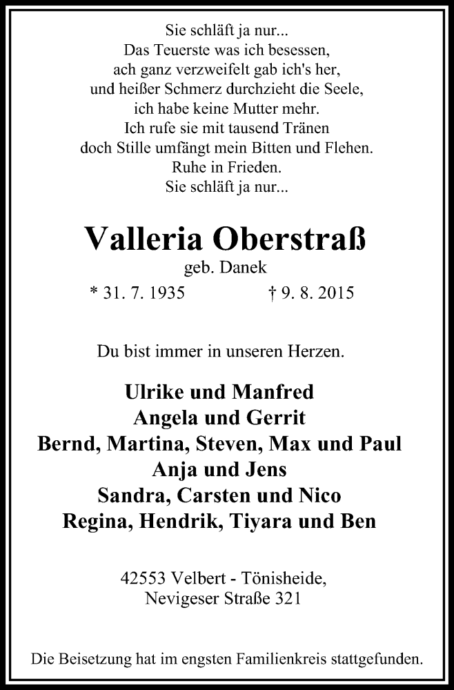  Traueranzeige für Valleria Oberstraß vom 15.08.2015 aus WVW Anzeigenblätter