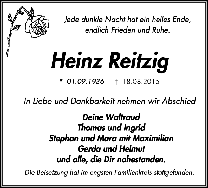  Traueranzeige für Heinz Reitzig vom 26.08.2015 aus Stadtspiegel Gelsenkirchen