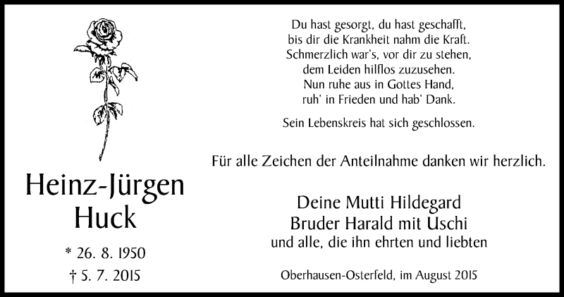  Traueranzeige für Heinz-Jürgen Huck vom 01.08.2015 aus Wochen-Anzeiger Oberhausen