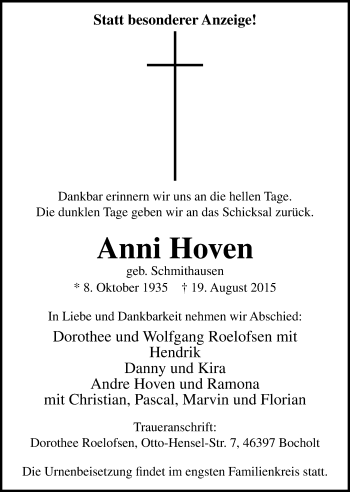 Traueranzeige von Anni Hoven von Stadtanzeiger Emmerich/Rees/Isselburg