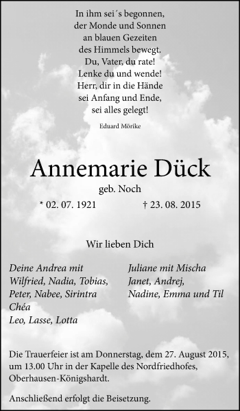 Traueranzeige von Annemarie Dück von Wochen-Anzeiger Oberhausen