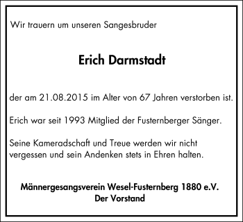 Traueranzeige von Erich Darmstadt von Der Weseler + Der Xantener