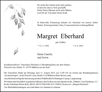 Traueranzeige von Margret Eberhard von Mülheimer Woche