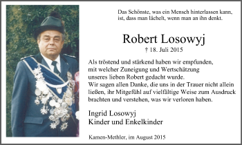 Traueranzeige von Robert Losowyj von Stadtspiegel Kamen + Unna