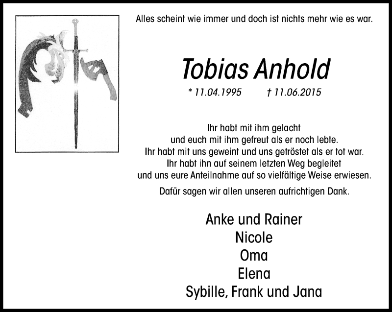  Traueranzeige für Tobias Anhold vom 05.08.2015 aus Stadtspiegel Bottrop