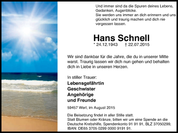 Traueranzeige von Hans Schnell von Stadtspiegel Menden + Froendenberg