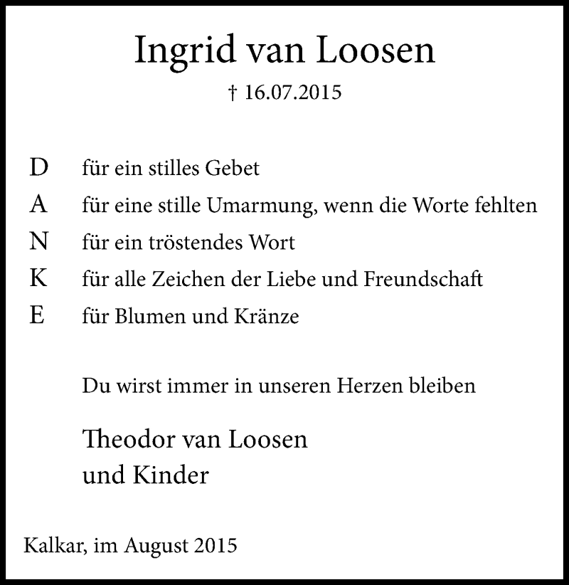  Traueranzeige für Ingrid van Loosen vom 29.08.2015 aus Klever Wochenblatt