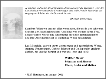 Traueranzeige von Danksagung  von WVW Anzeigenblätter