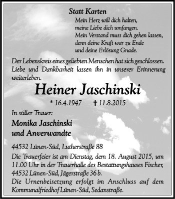 Traueranzeige von Heiner Jaschinski von WVW Anzeigenblätter