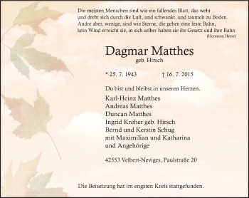 Traueranzeige von Dagmar Matthes von Stadtanzeiger Velbert + Heiligenhaus