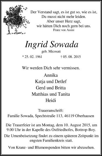 Traueranzeige von Ingrid Sowada von Stadtspiegel Bottrop