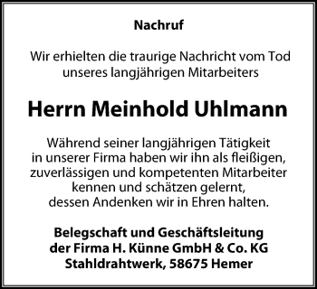 Traueranzeige von Meinhold Uhlmann von Stadtspiegel Iserlohn + Hemer