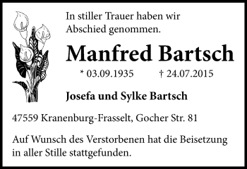 Traueranzeige von Manfred Bartsch von Klever + Gocher Wochenblatt