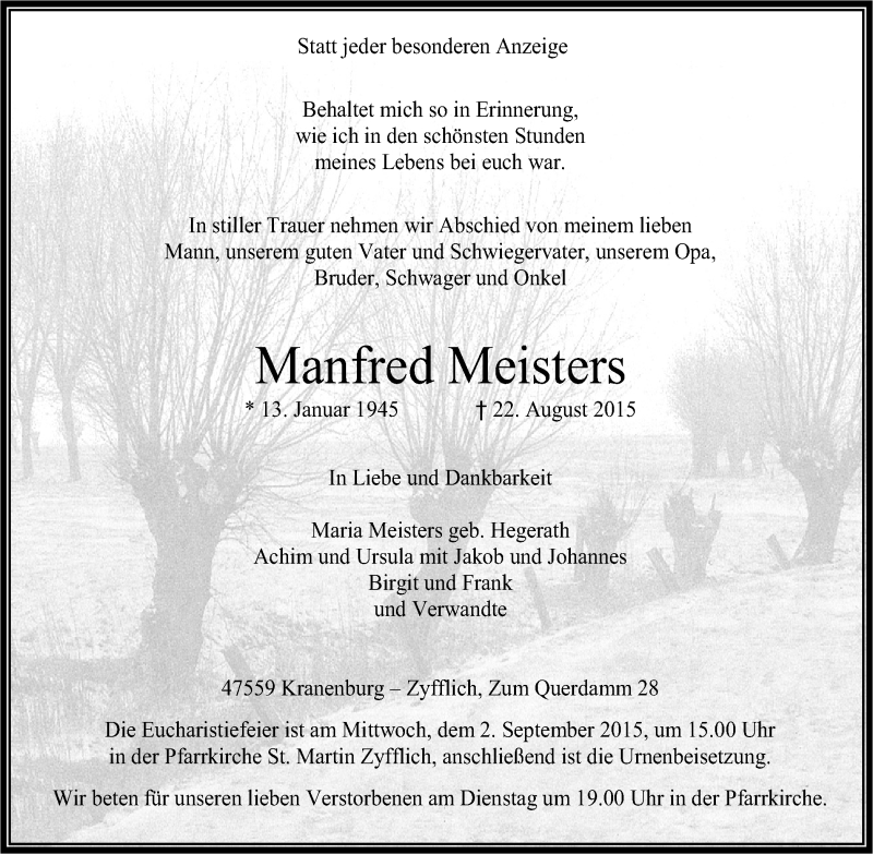  Traueranzeige für Manfred Meisters vom 29.08.2015 aus Klever Wochenblatt