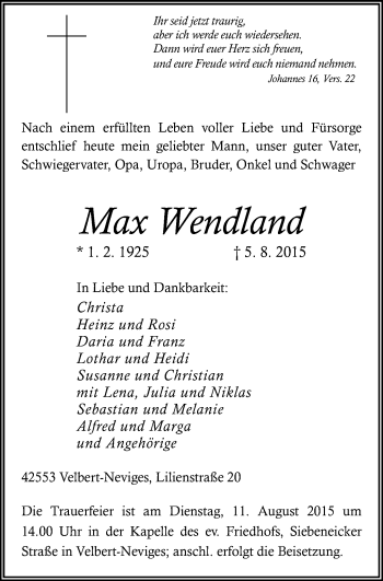 Traueranzeige von Max Wendland von Stadtanzeiger Velbert + Heiligenhaus