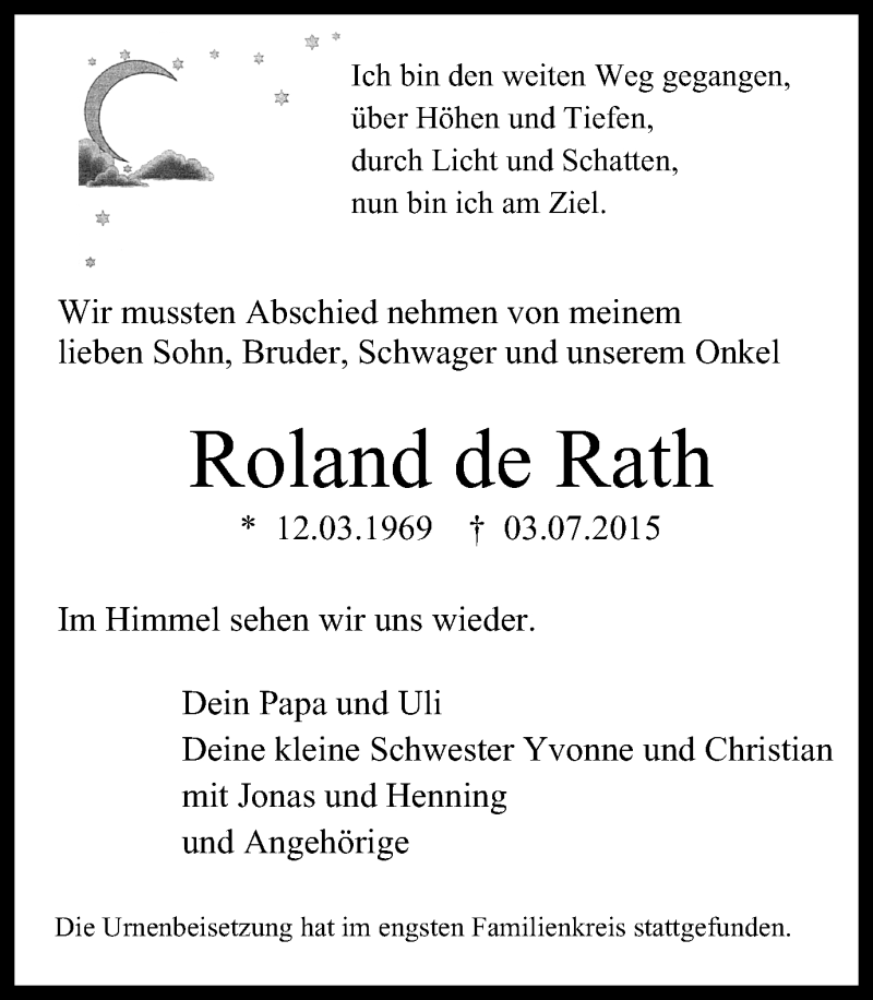 Traueranzeigen von Roland de Rath | Trauer-in-NRW.de
