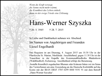 Traueranzeige von Hans-Werner Szyszka von Stadtanz.Castrop-Rauxel