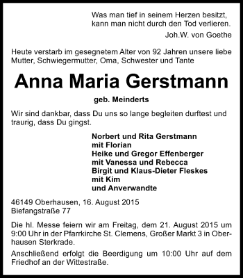 Traueranzeige von Anna Maria Gerstmann von Wochen-Anzeiger Oberhausen