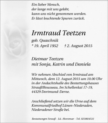 Traueranzeige von Irmtraud Teetzen von Lüner Anzeiger