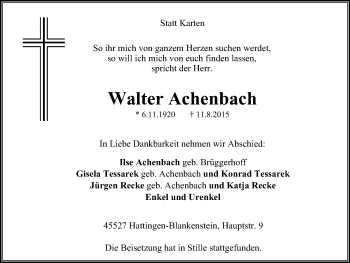 Traueranzeige von Walter Achenbach von Stadtspiegel Hattingen/Niedersprockhövel