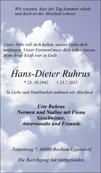Traueranzeige von Hans-Dieter Ruhrus von Stadtspiegel Wattenscheid