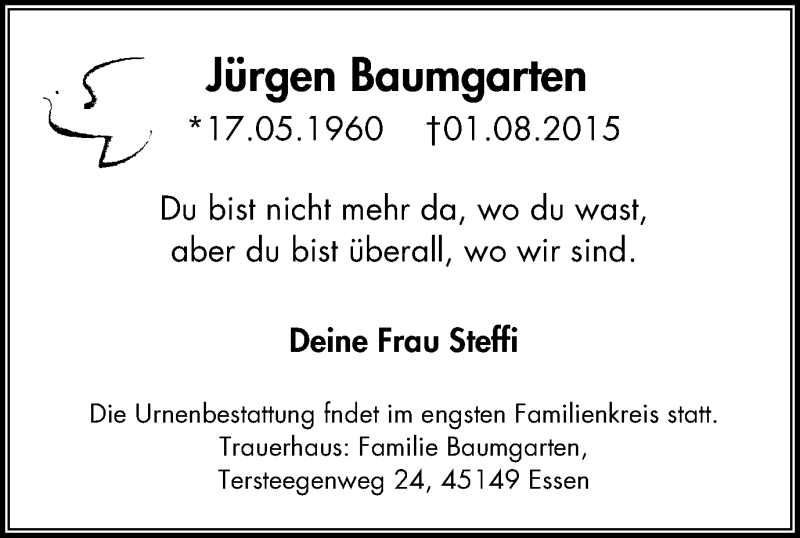  Traueranzeige für Jürgen Baumgarten vom 08.08.2015 aus Kettwig Kurier