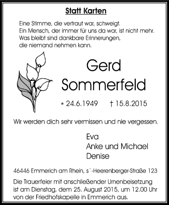 Traueranzeige von Anke Sommerfeld von Stadtanzeiger Emmerich/Rees/Isselburg