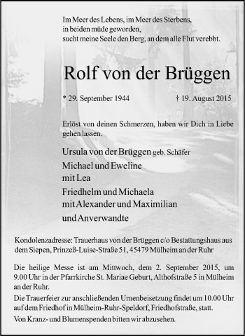 Traueranzeige von Rolf von der Brüggen von Mülheimer Woche