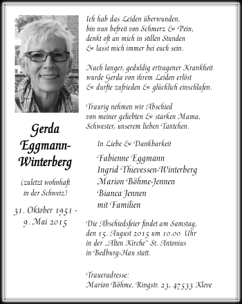 Traueranzeige von Gerda Eggmann-Winterberg von Klever Wochenblatt
