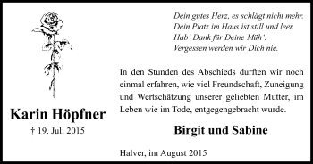 Traueranzeige von Karin Höpfner von Witten aktuell