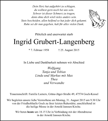 Traueranzeige von Ingrid Grubert-Langenberg von Gocher Wochenblatt