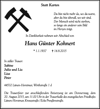Traueranzeige von Hans Günter Kohnert von Lüner Anzeiger