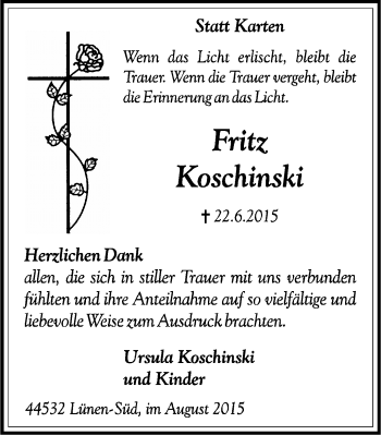 Traueranzeige von Fritz Koschinski von WVW Anzeigenblätter