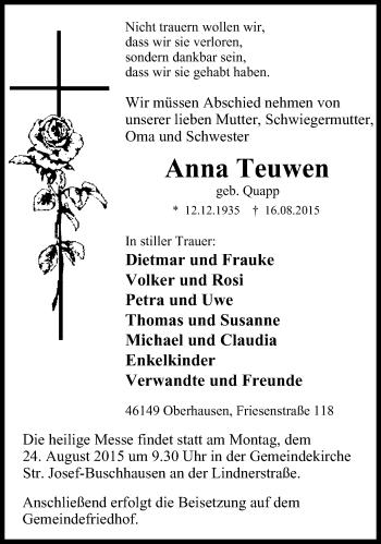 Traueranzeige von Anna Teuwen von Wochen-Anzeiger Oberhausen