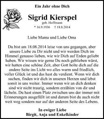Traueranzeige von Sigrid Kierspel von Stadtspiegel Iserlohn + Hemer