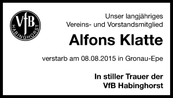 Traueranzeige von Alfons Klatte von Stadtanz.Castrop-Rauxel
