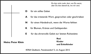 Traueranzeige von Heinz Peter Klein von Stadtspiegel Gladbeck
