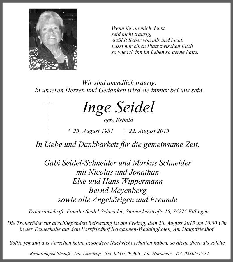  Traueranzeige für Inge Seidel vom 26.08.2015 aus Lüner Anzeiger