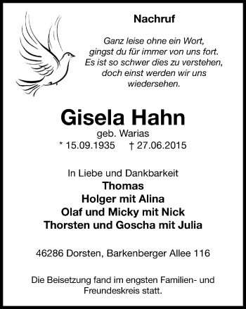 Traueranzeige von Gisela Hahn von Stadtspiegel Haltern + Dorsten