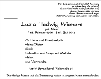 Traueranzeige von Luzia Hedwig Wieners von Stadtspiegel Hattingen/Niedersprockhövel