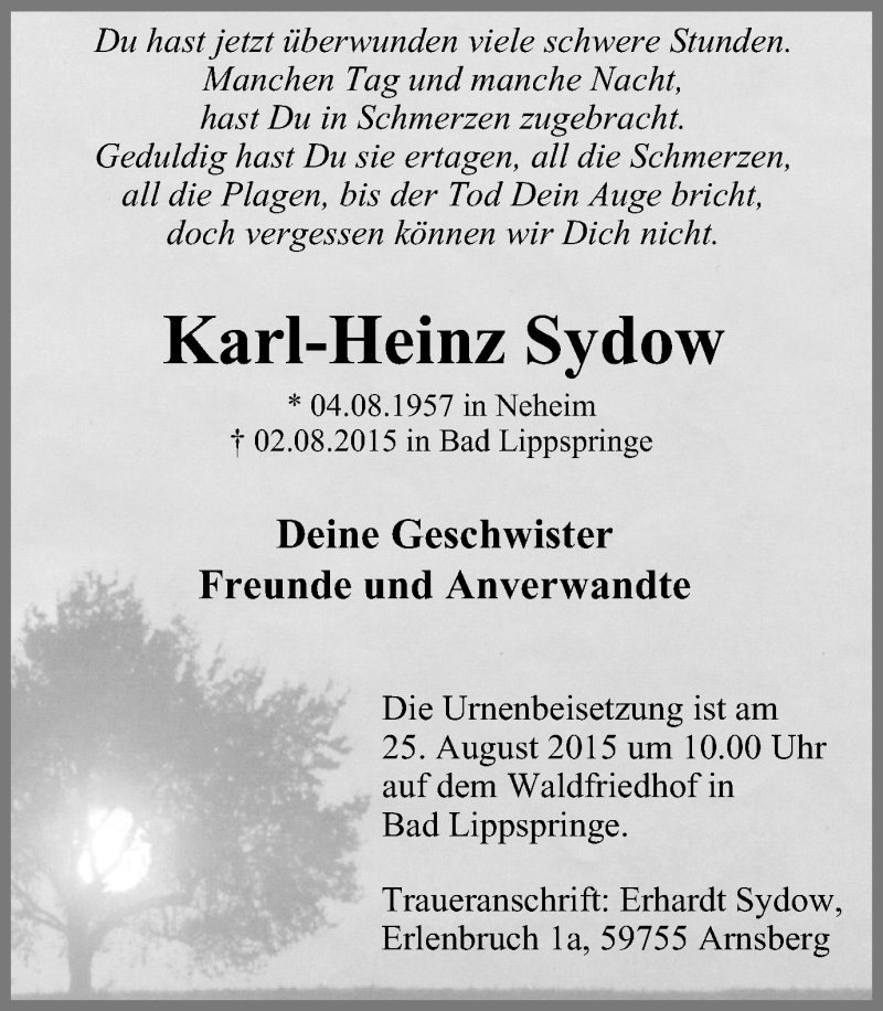 Traueranzeigen von KarlHeinz Sydow TrauerinNRW.de