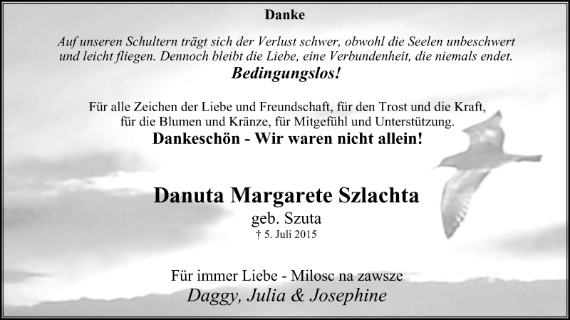  Traueranzeige für Danuta Margarete Szlachta vom 29.08.2015 aus Stadtspiegel Iserlohn + Hemer