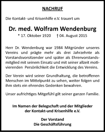 Traueranzeige von Wolfram Wendenburg von WVW Anzeigenblätter