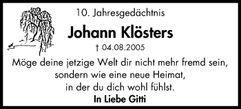 Traueranzeige von Johann Klösters von Wochen-Anzeiger Oberhausen