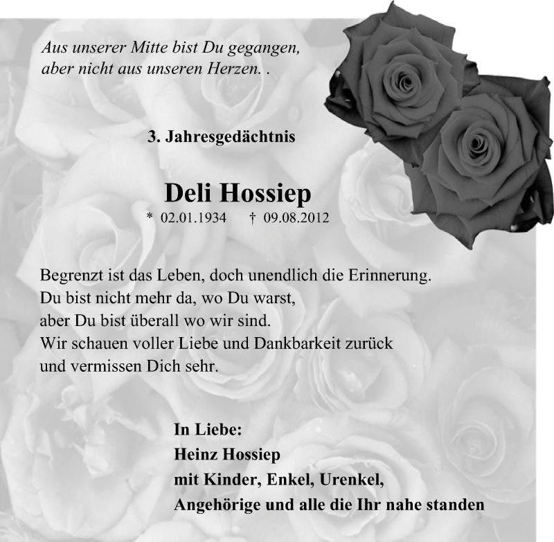  Traueranzeige für Deli Hossiep vom 08.08.2015 aus Stadtspiegel Hattingen/Niedersprockhövel