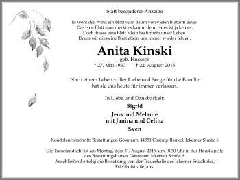 Traueranzeige von Anita Kinski von Stadtanz.Castrop-Rauxel