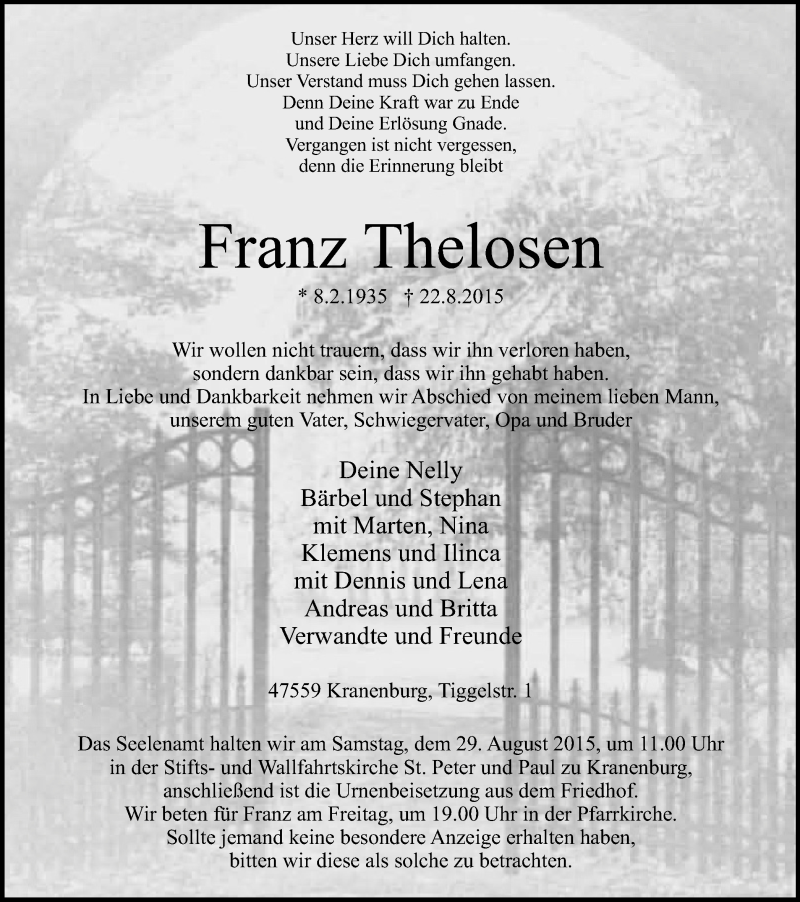  Traueranzeige für Franz Thelosen vom 26.08.2015 aus Klever Wochenblatt