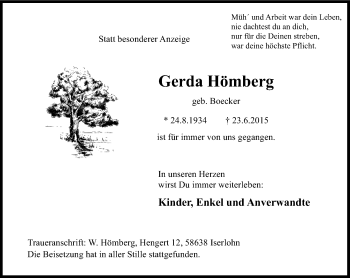 Traueranzeige von Gerda Hömberg von Stadtspiegel Iserlohn + Hemer